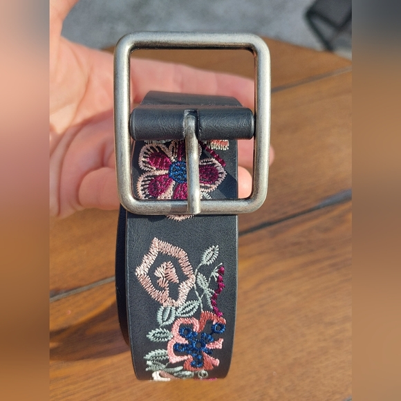 Accessories - Black Embroidered Belt Silver Buckle Small/Medium 38" Length